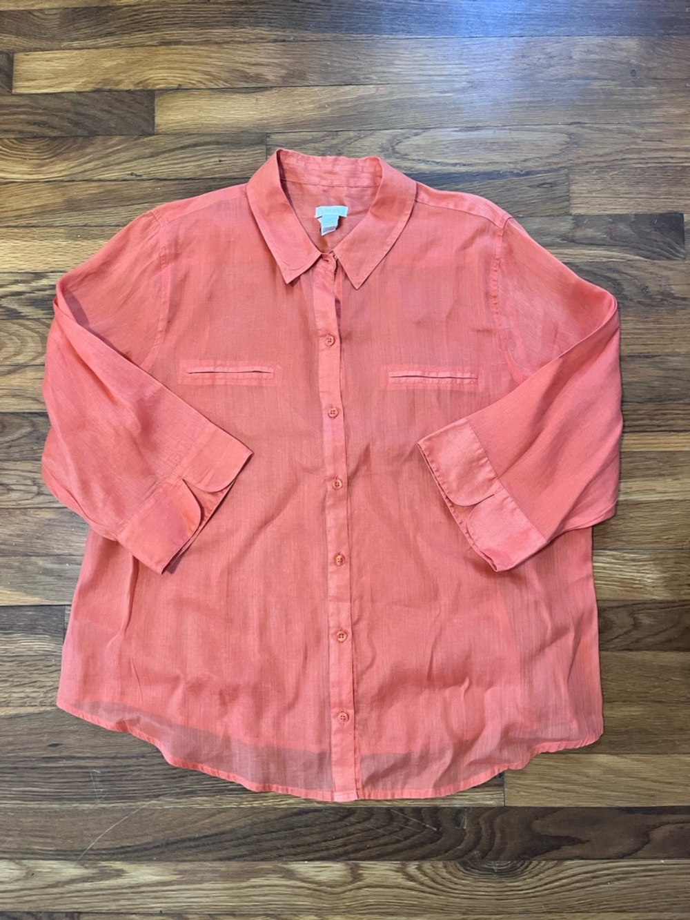 Chico's Vibrant Orange Collared Sheer Button-Front Blouse